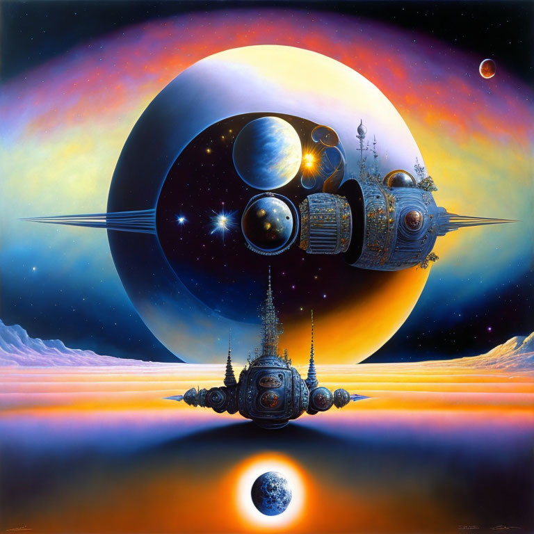 Detailed spaceship in vibrant sci-fi scene with celestial bodies and colorful planetary surface