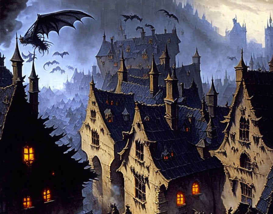 Gothic castle scene with dragons, bats, and full moon at night