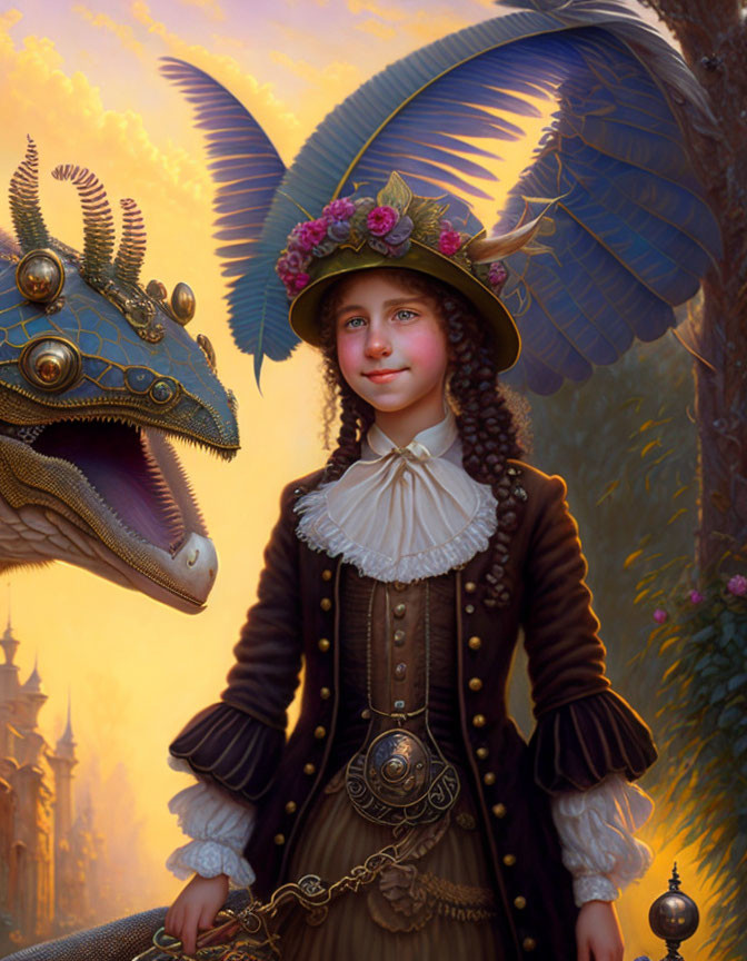 Smiling girl in historical dress with mechanical dragon in fairy tale setting