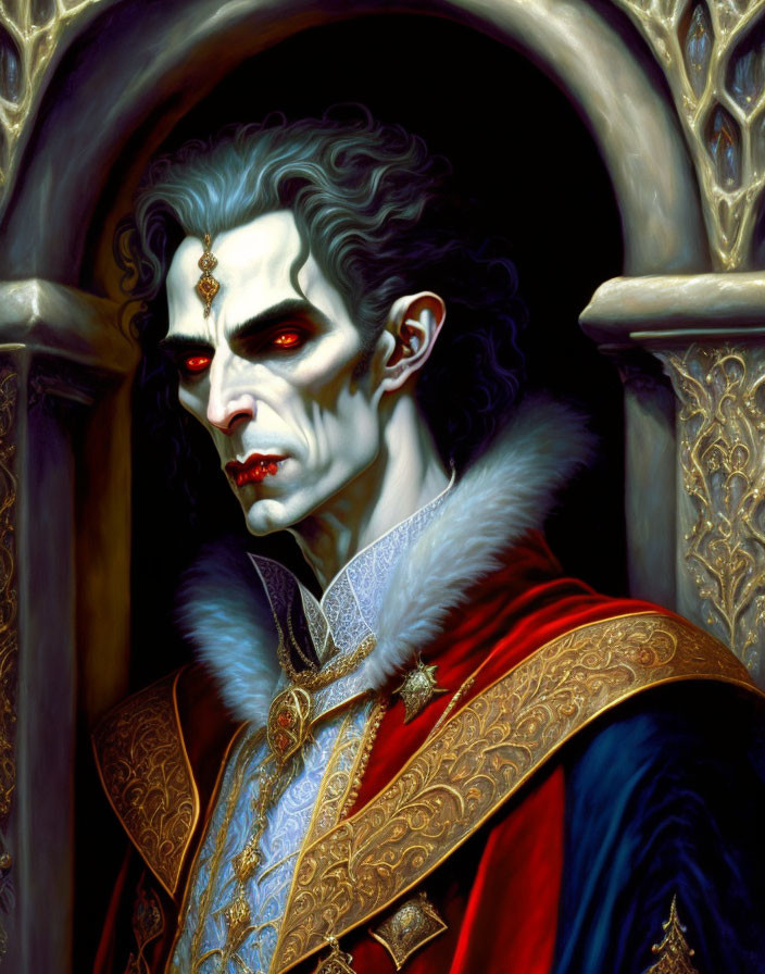 Pale-skinned vampire with fangs in regal attire on throne