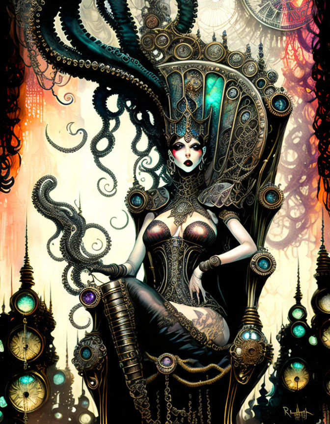 Gothic fantasy art of woman on ornate throne with mechanical tentacles