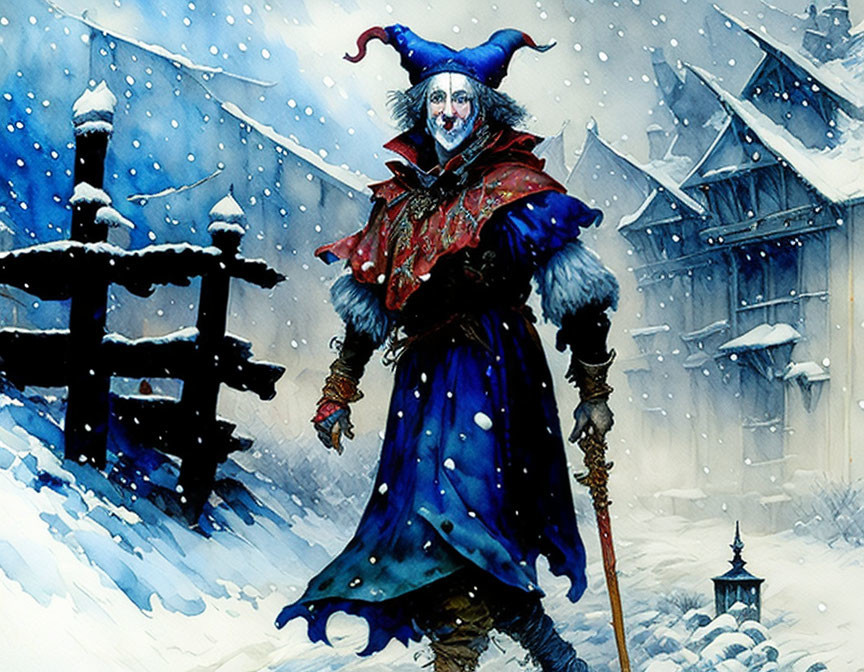 Colorful jester in winter landscape with falling snow.