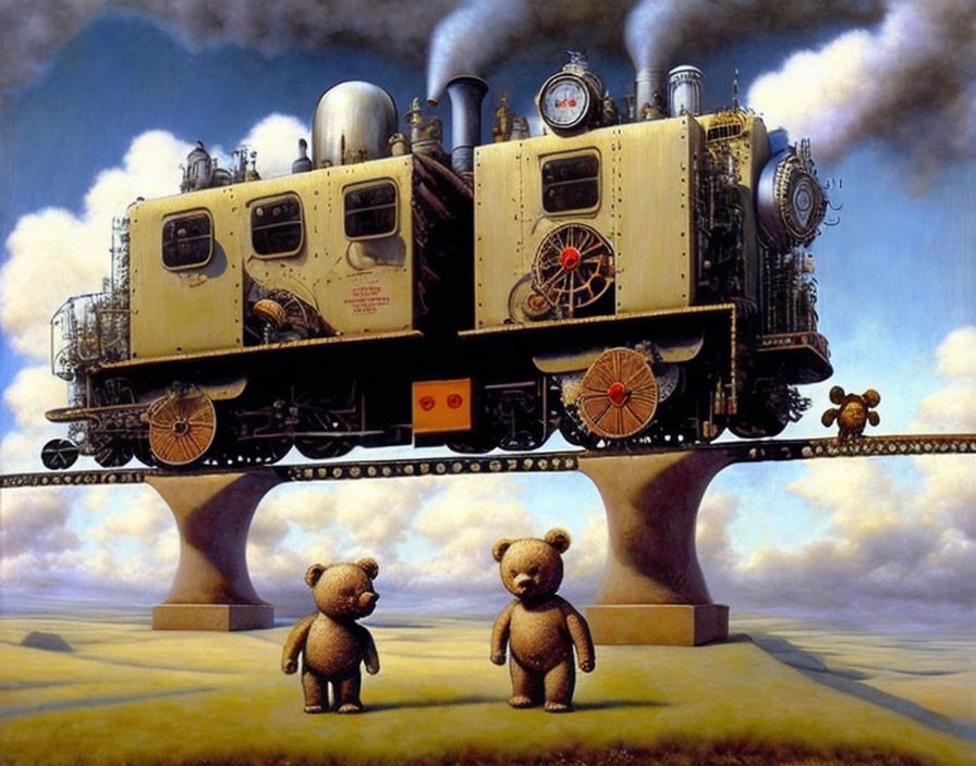 Surreal painting: locomotive merged with building elements on teddy bear statues