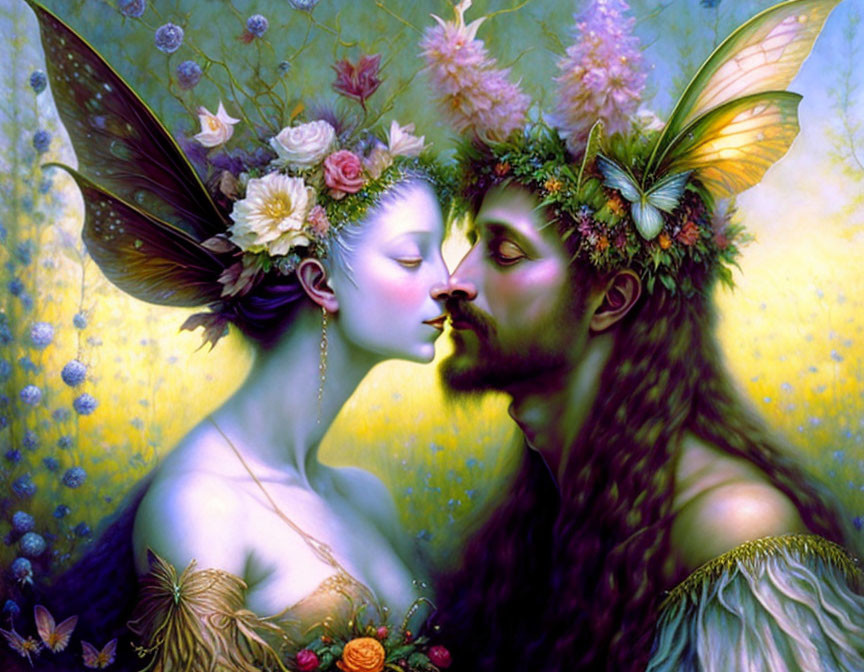 Fantasy art: Man with leafy crown kissing woman with flower hair and butterfly wings