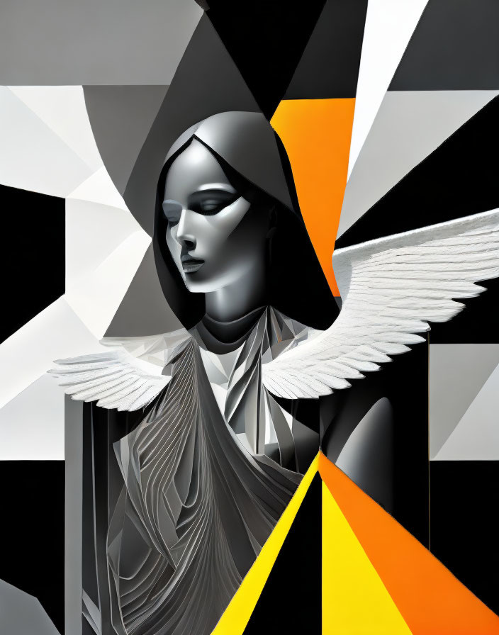 Geometric abstract art: stylized figure with wing, monochrome palette, orange and yellow accents,