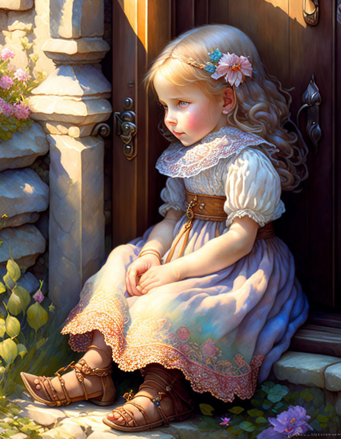 Blonde girl in vintage dress by wooden door with flowers