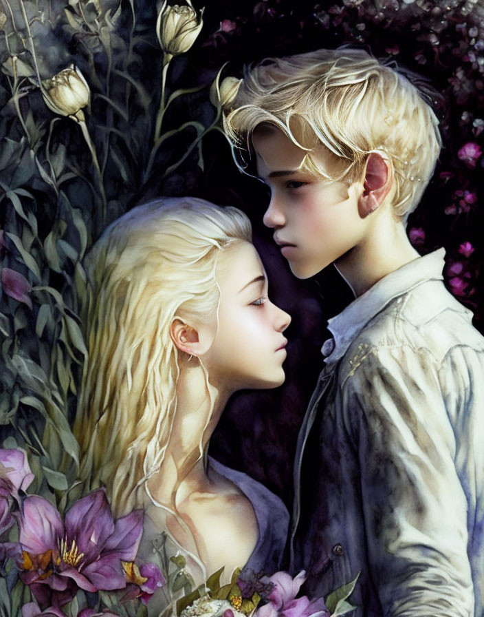 Digital artwork: Young couple embraced in lush, floral setting