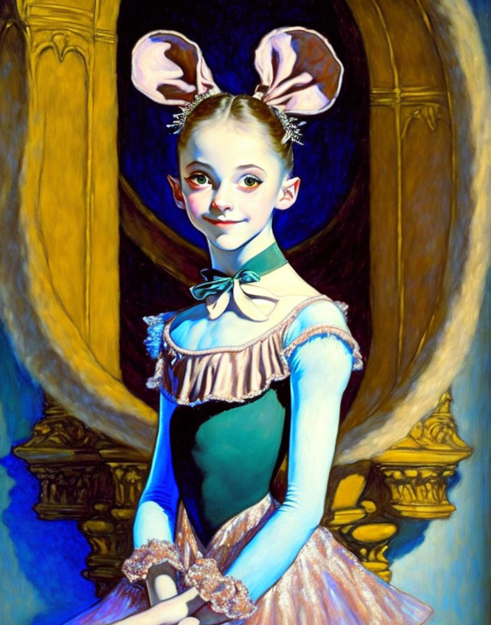 Young girl in ballet costume with mouse ears against blue and gold backdrop