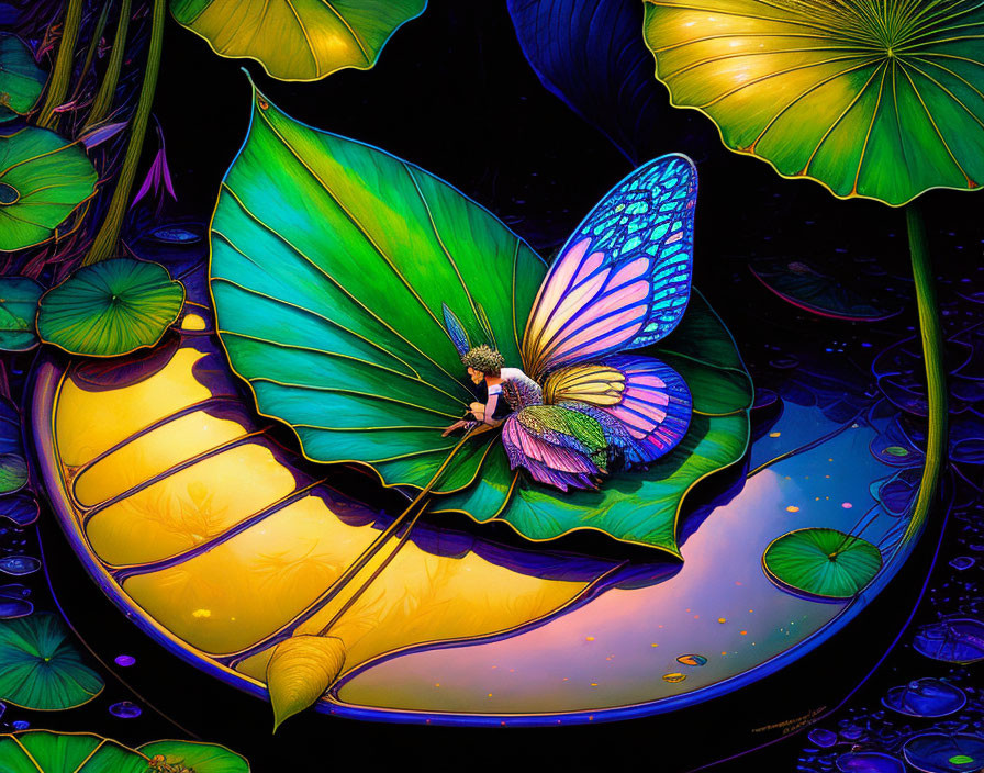 Colorful fairy with butterfly wings on luminous leaf in mystical pond