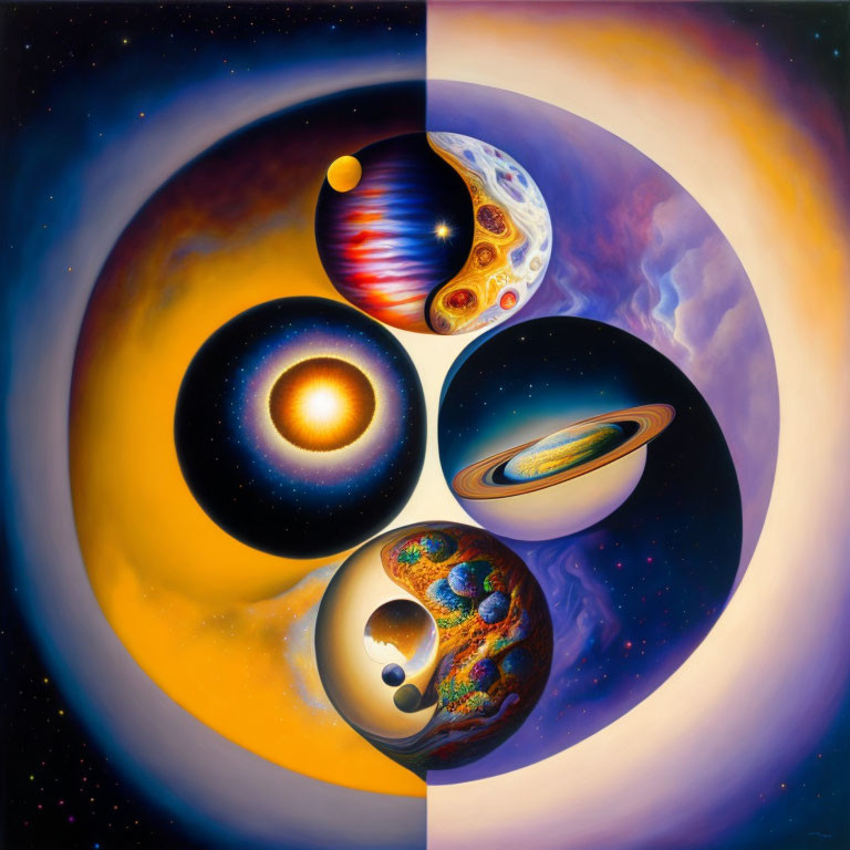 Abstract cosmic painting with celestial bodies and yin-yang symbolism