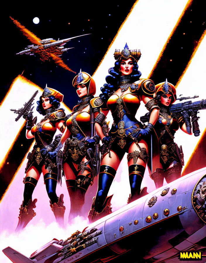 Four armored warrior women with futuristic weapons on a spacecraft in a cosmic setting.