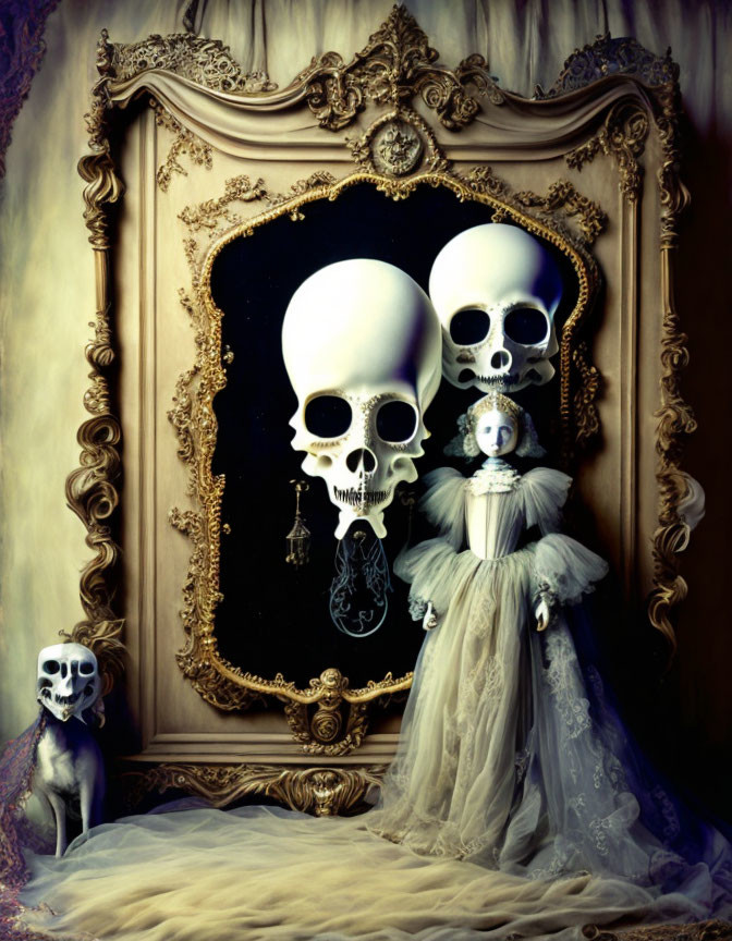 Vintage aesthetic surreal portrait with girl in frilly dress, mirror reflecting skulls, and skull on floor.