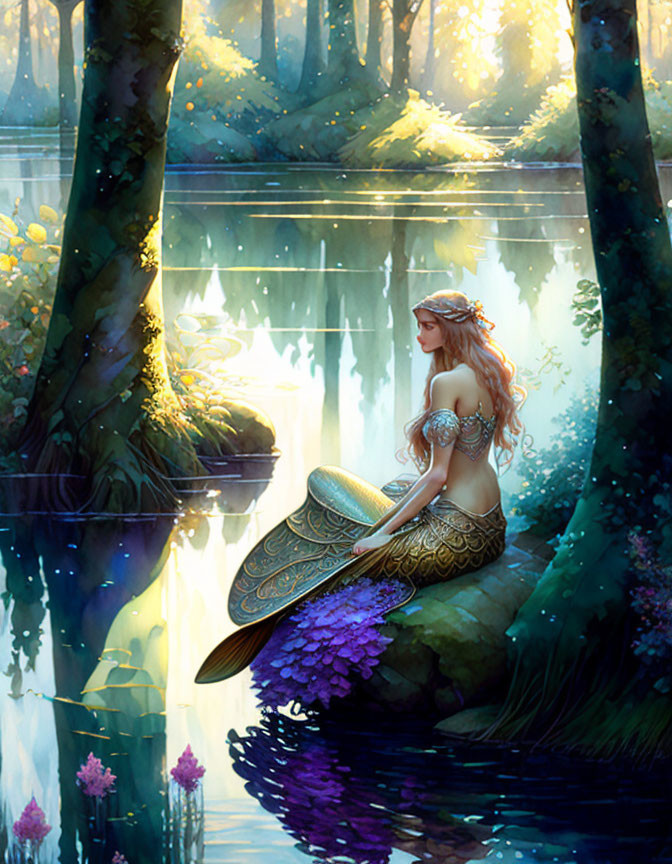 Ethereal woman with leaf crown by tranquil forest pond