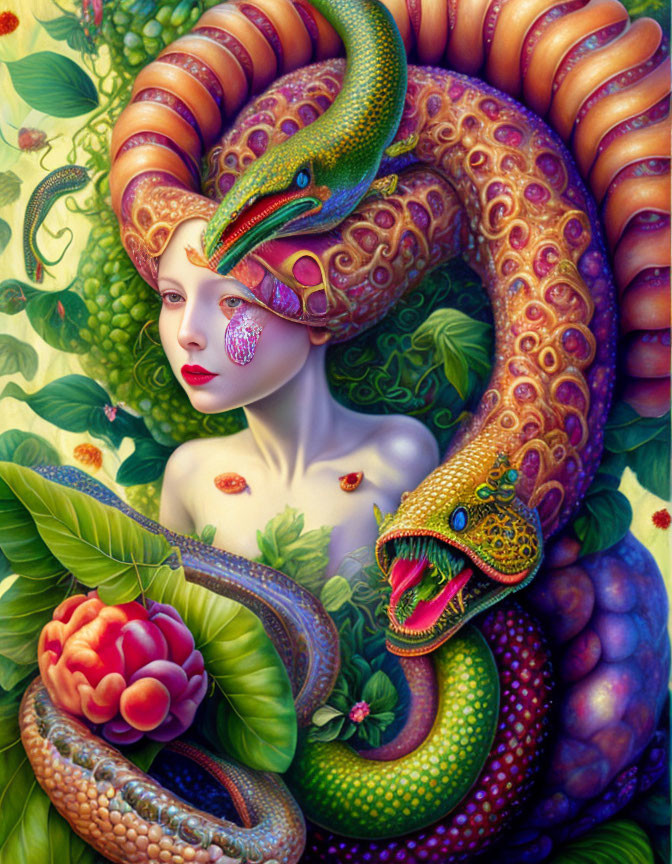 Colorful Serpent Woman in Surreal Foliage Scene