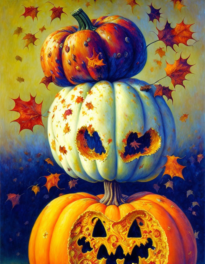 Three Stacked Jack-o'-lanterns with Expressive Faces in Autumn Setting