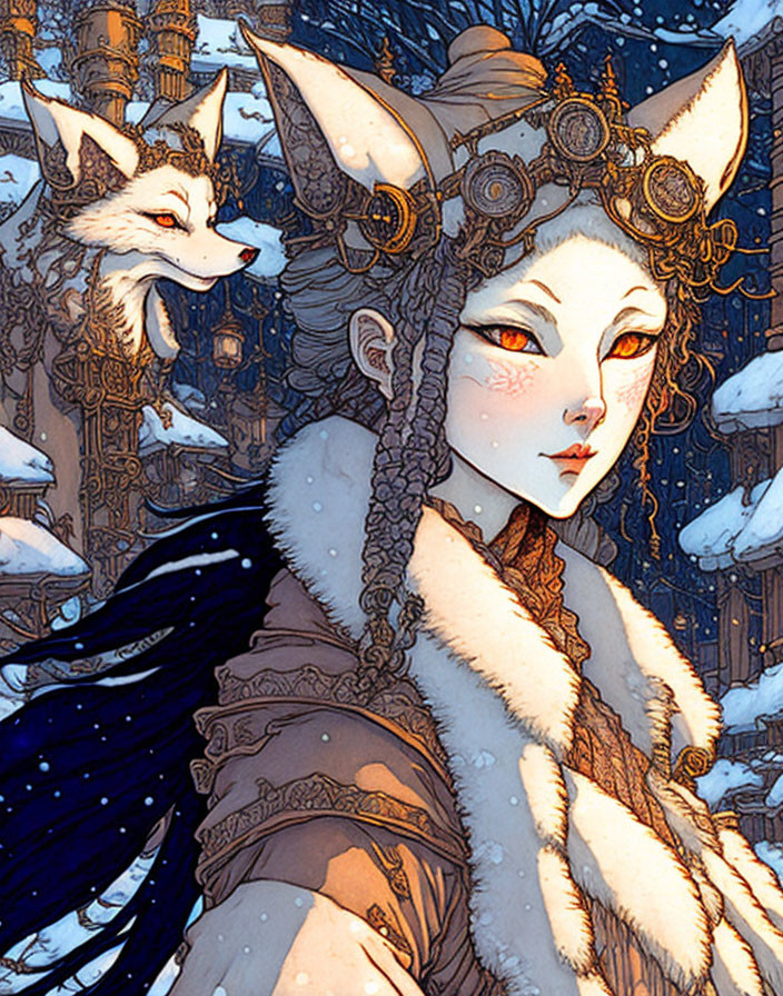 Illustrated female character with fox-like features and white fox companion in snowy setting with ornate architecture