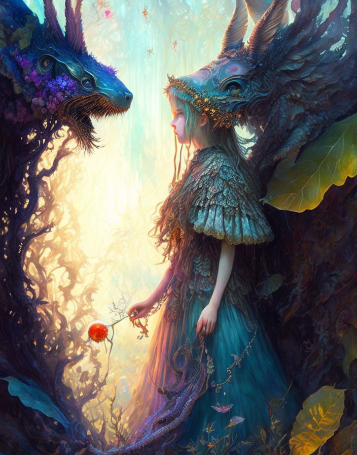 Detailed gown woman with glowing flower and majestic colorful dragon in mystical forest