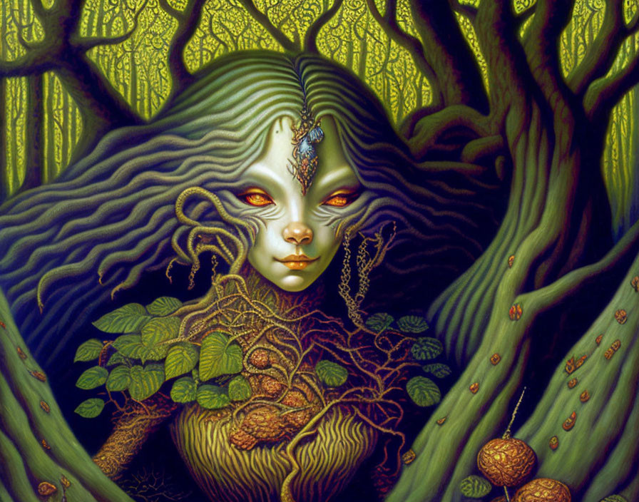 Mystical forest creature with green hair and golden eyes in lush foliage