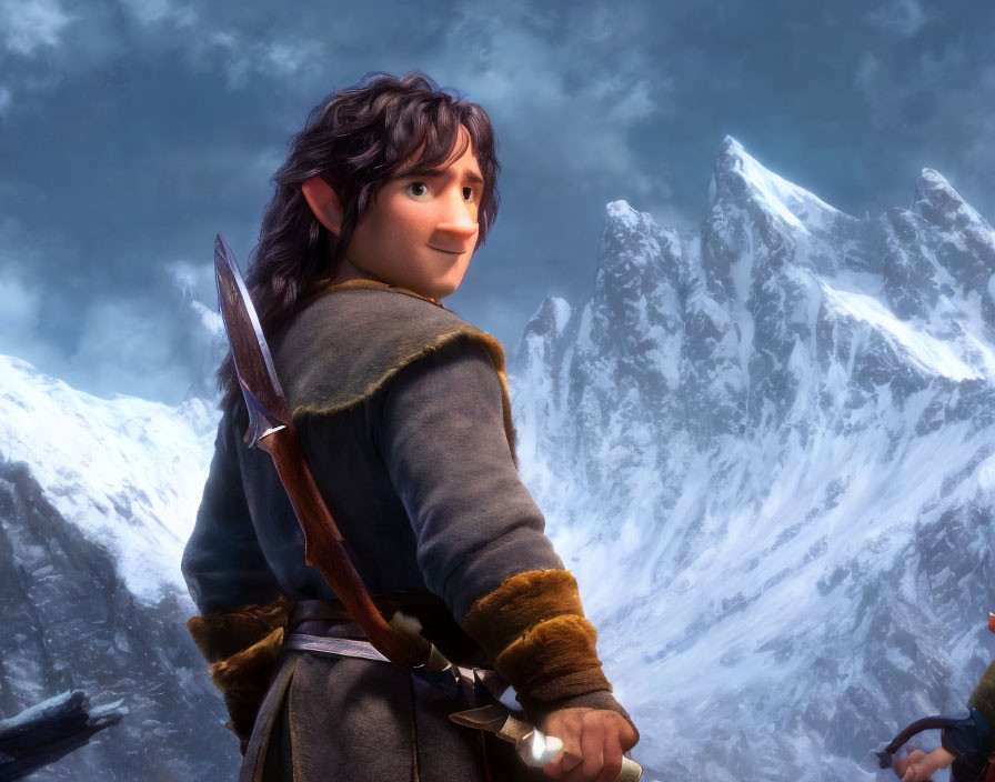 Dark-haired animated character with sword smiling against snowy mountains