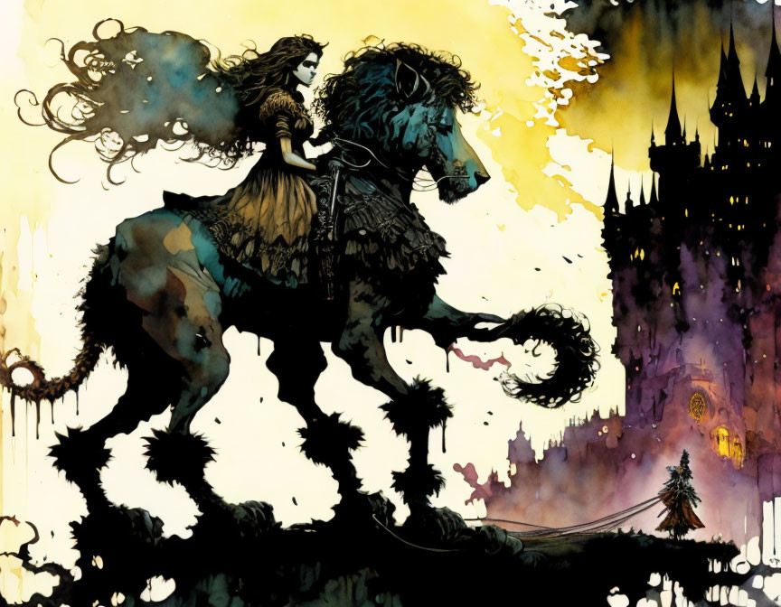 Dark and whimsical art: Woman riding horse with castle silhouette