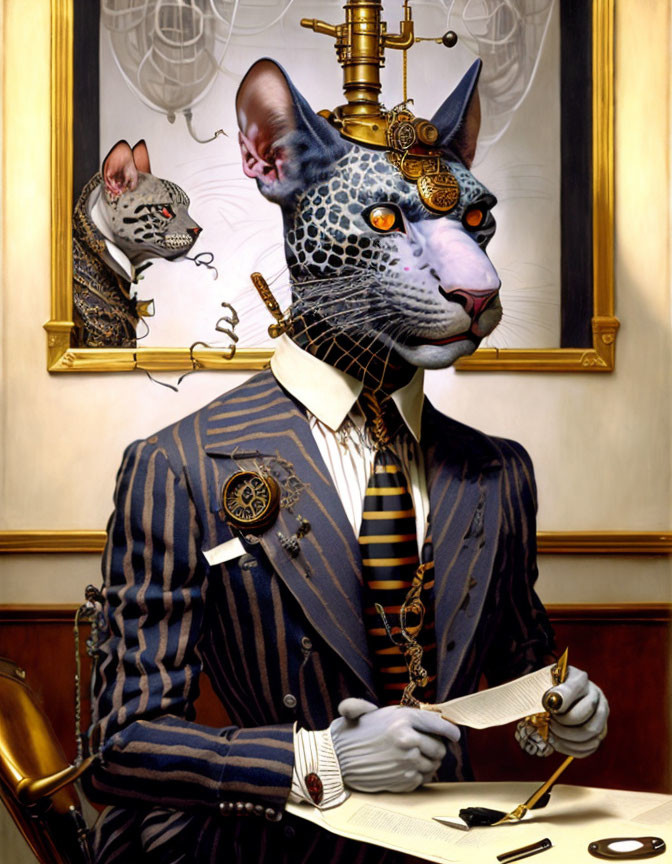 Steampunk cat in striped suit writing at desk with portrait in background