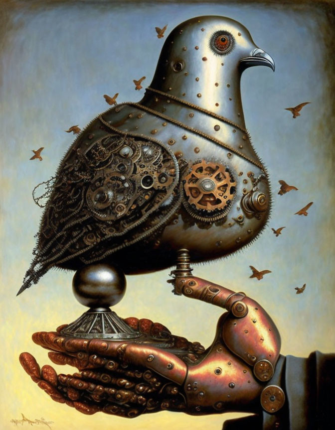 Steampunk-inspired image: Mechanized pigeon with gears on robotic hand