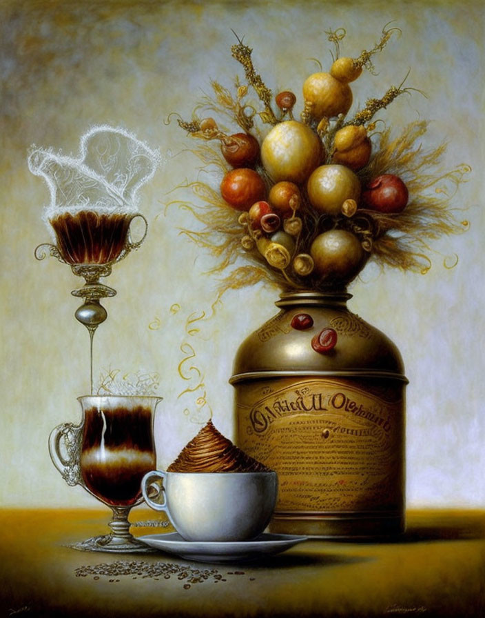 Ornate golden jar, ethereal figure, dark liquid in still-life painting