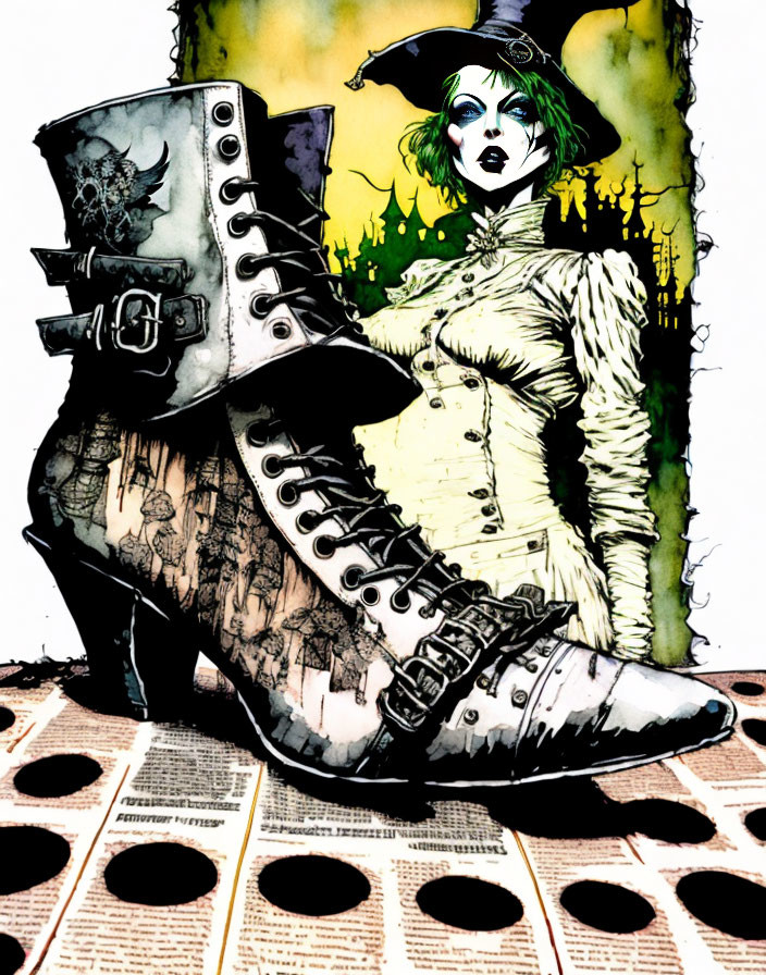 Detailed Gothic-Style Illustration with Large Boot and Green-Faced Woman