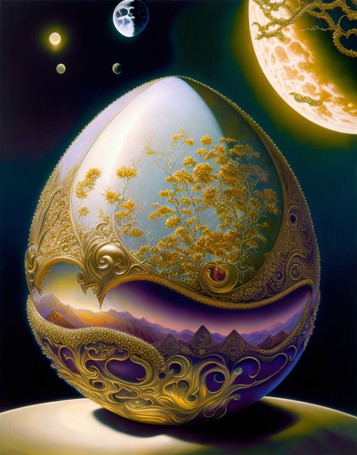 Ornate egg-shaped object with golden designs in surreal cosmic setting