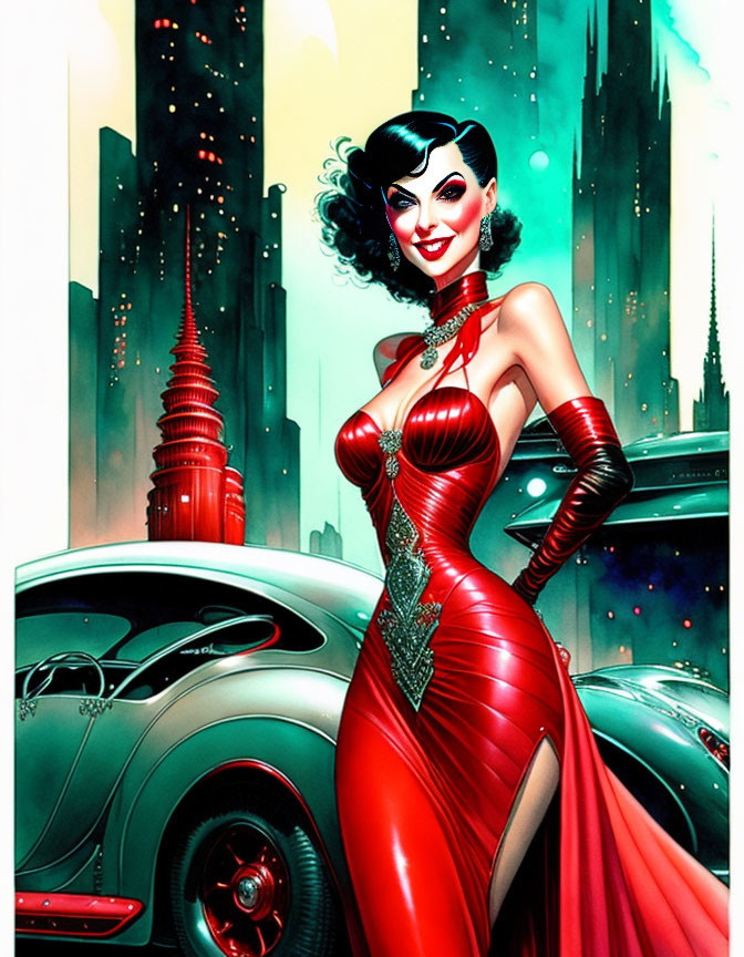 Illustration of woman in red dress next to classic car and futuristic cityscape