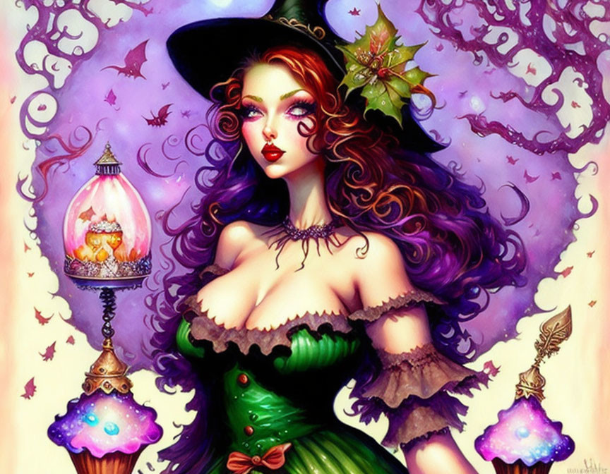 Purple-haired woman in green corset dress with witch hat and lantern in magical scene