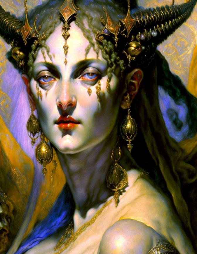 Fantasy portrait of female with horns and ornate jewelry