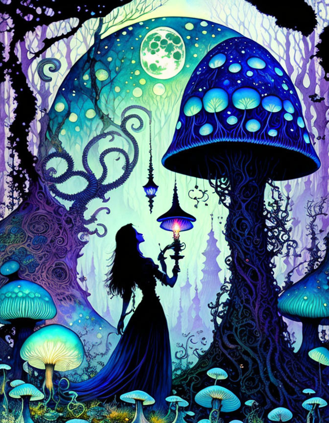 Mystical forest scene with woman holding lantern and blue mushrooms