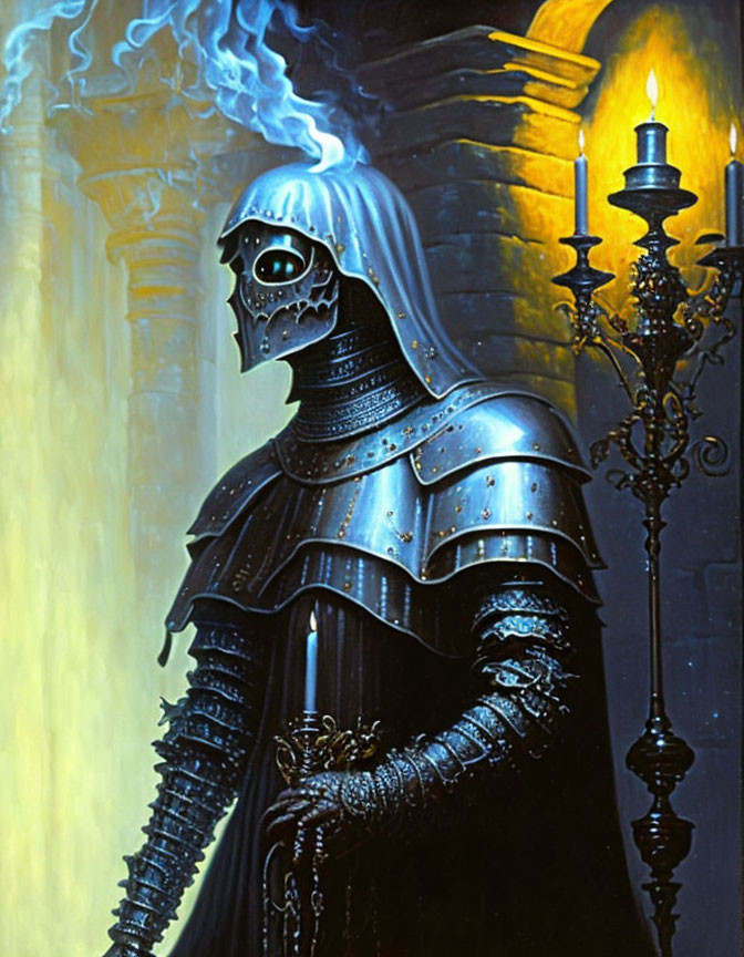 Skull-faced spectral knight in full plate armor with candelabra