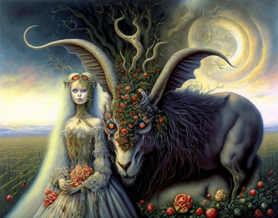 Fantasy illustration of woman with floral adornments and majestic ram in surreal landscape