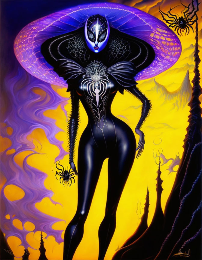 Humanoid Figure with Spider-Like Features on Purple Backdrop