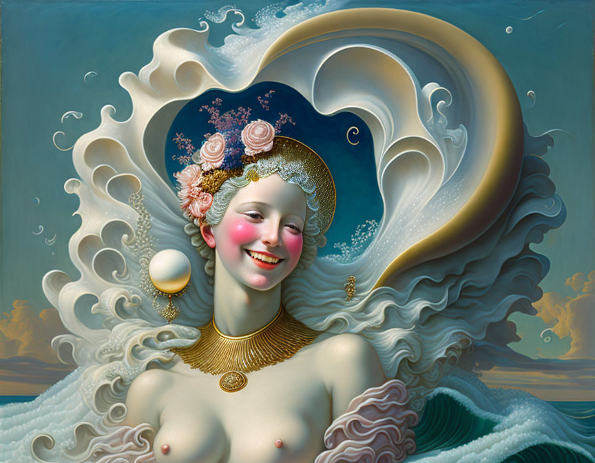 Surrealist portrait blending woman's face with oceanic elements