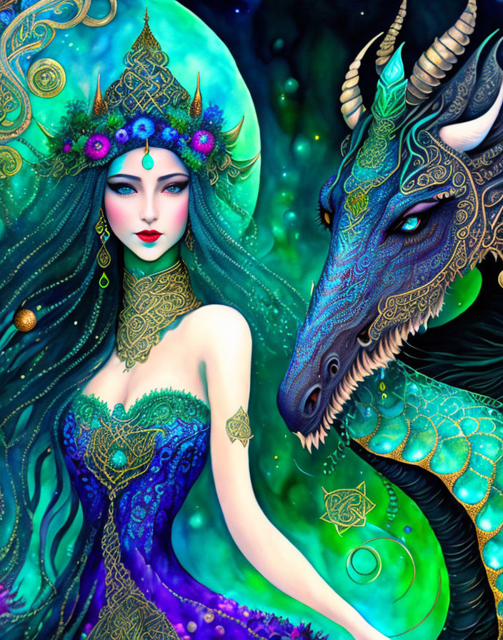 Fantasy illustration of woman with horned headdress and blue dragon under green moon.