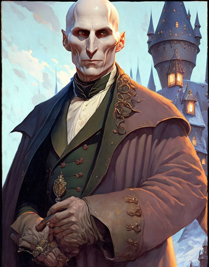 Aristocratic vampire in elegant coat, with castle backdrop