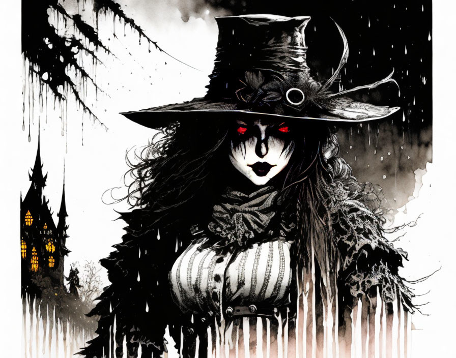 Monochrome illustration of person with red eyes and wide-brimmed hat, spooky castle in background