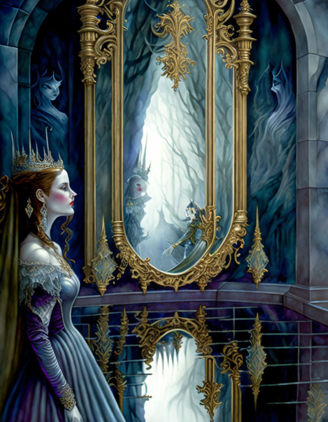 Regal woman in purple gown reflects crow and dragon in golden mirror.