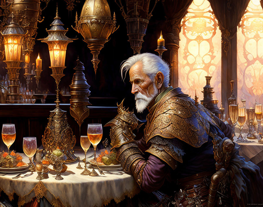 Elderly armored king at banquet table with lanterns