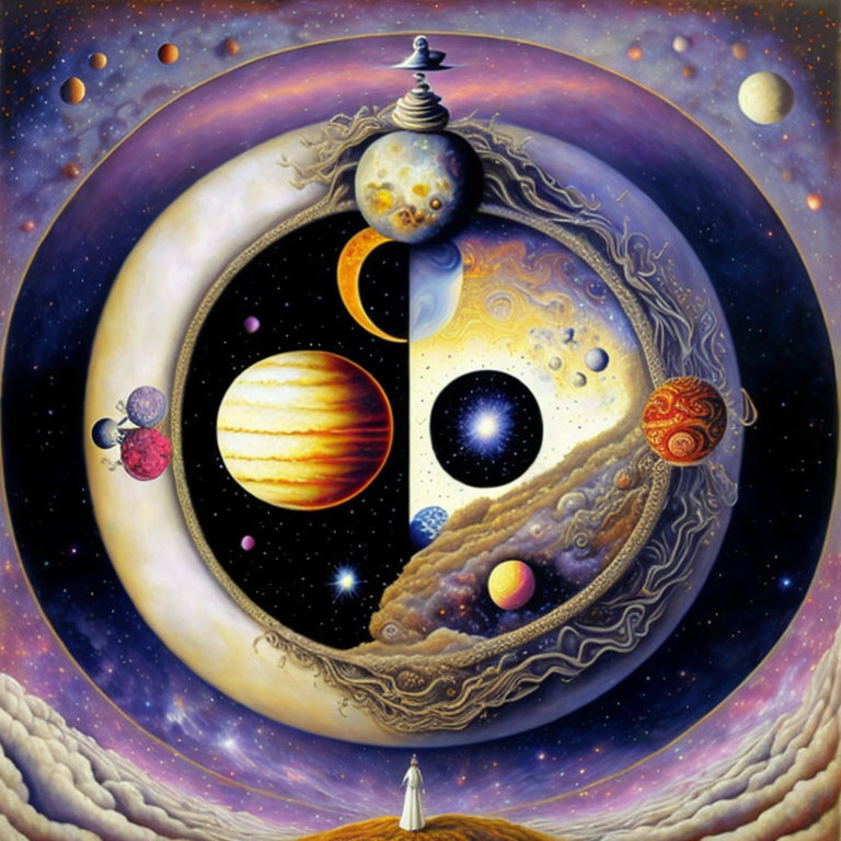 Surreal cosmic yin-yang symbol with planets, stars, galaxies, and robed figure