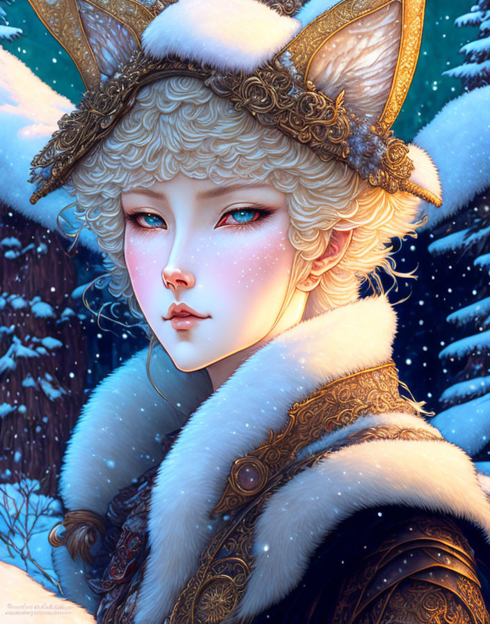 Fantasy character with white fox ears, golden details, blue snowy backdrop