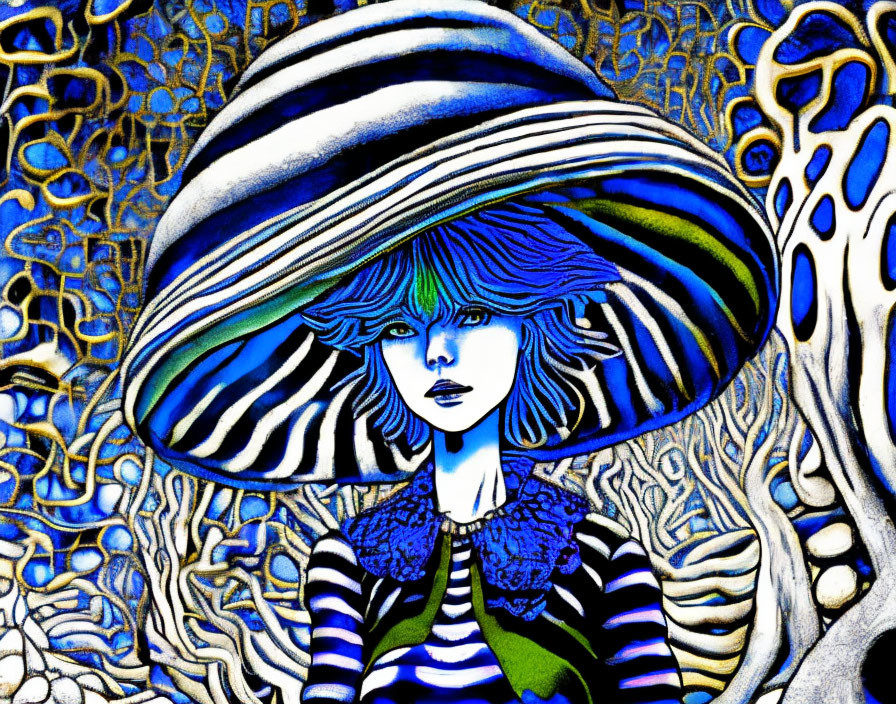 Stylized woman with blue hair and striped hat on intricate blue background