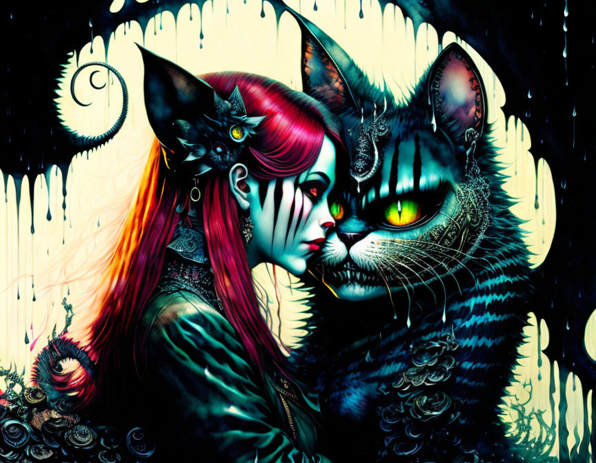 Vibrant illustration of woman with cat-like features and fantastical feline.