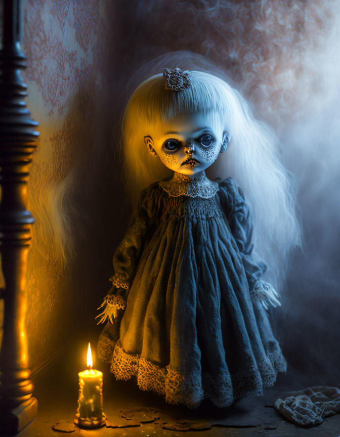 Creepy doll with yellow eyes in vintage blue dress by candle.