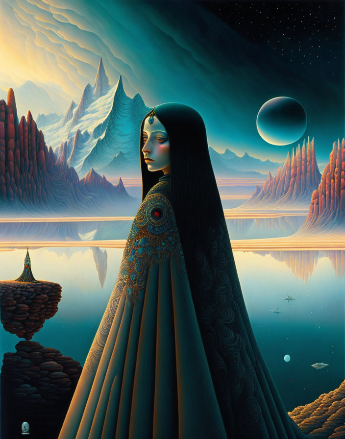 Surreal artwork: robed female figure by reflective water