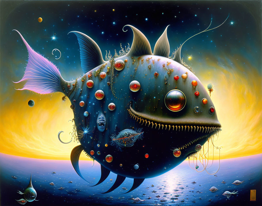 Surreal painting: Large fish with celestial bodies and smaller fish in transparent body on vivid sunset background