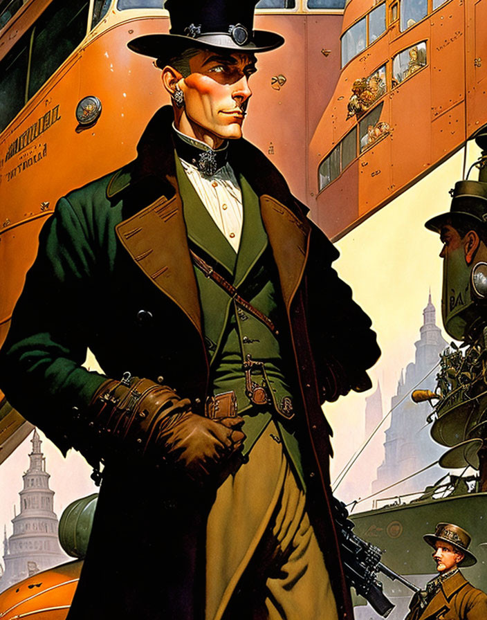 Steampunk character with top hat, goggles, long coat, and mechanical arm in cityscape.